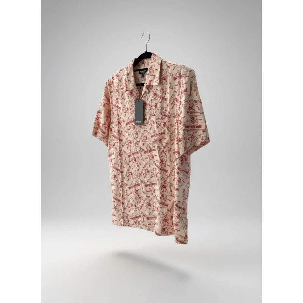 TRUE RELIGION/MEN'S CAMP SHIRT/LOGO PRINT/SIZE SMALL/ COLOR BEIGE-RED/NWT